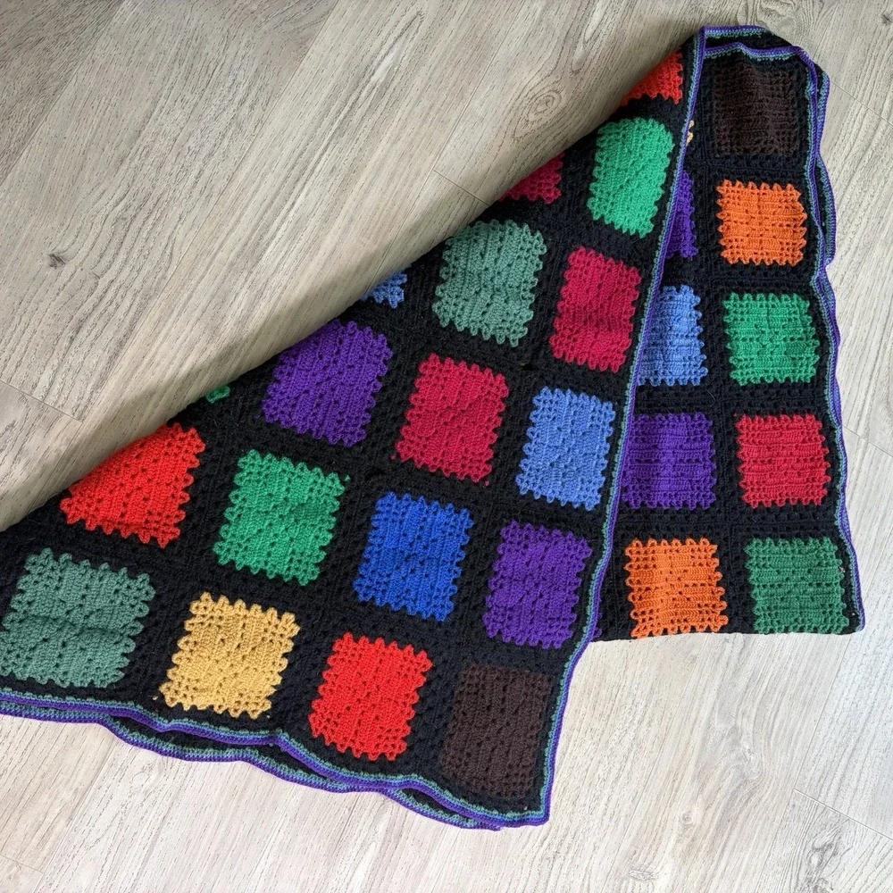 Hand Crochet Granny Square Blanket Afghan Throw‎ Colorful Groovy Cottagecore